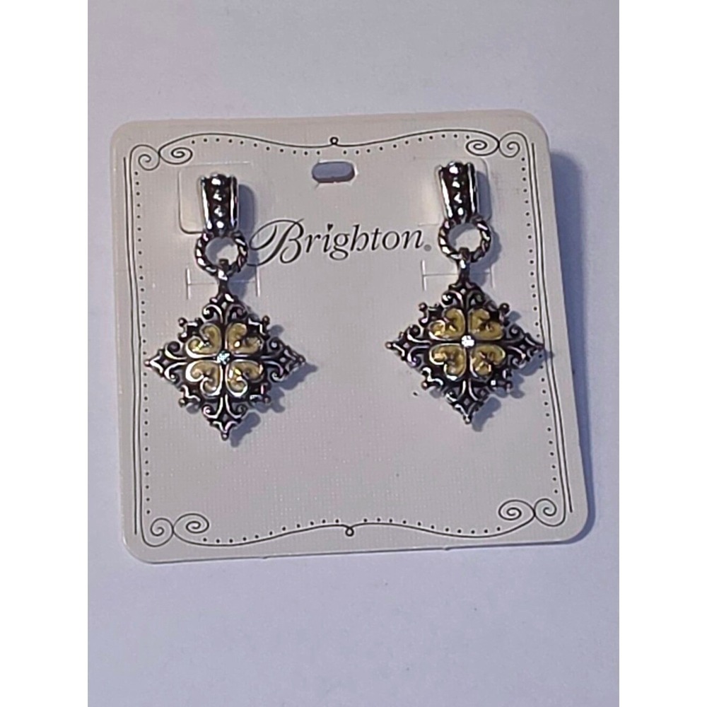 Brighton Silver Yellow Enamel Quatrefoil Crystal Drop Earrings Vintage Style